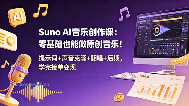 Suno AI音乐创作课：零基础也能做原创音乐！提示词+声音克隆+翻唱+后期，学完接单变现|思创源码网