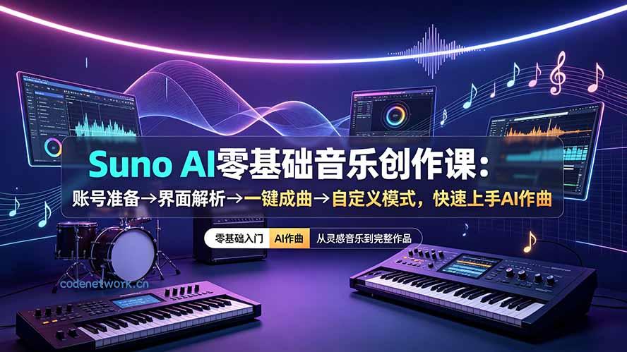 Suno AI零基础音乐创作课：账号准备→界面解析→一键成曲→自定义模式，快速上手AI作曲|思创源码网