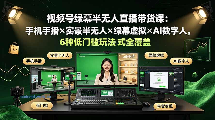 视频号绿幕半无人直播带货课：手机手播×实景半无人×绿幕虚拟×AI数字人，6种低门槛玩法全覆盖|思创源码网