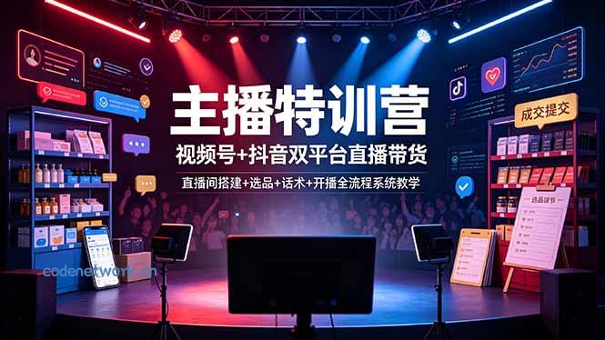 主播特训营：视频号+抖音双平台直播带货，直播间搭建+选品+话术+开播全流程系统教学|思创源码网