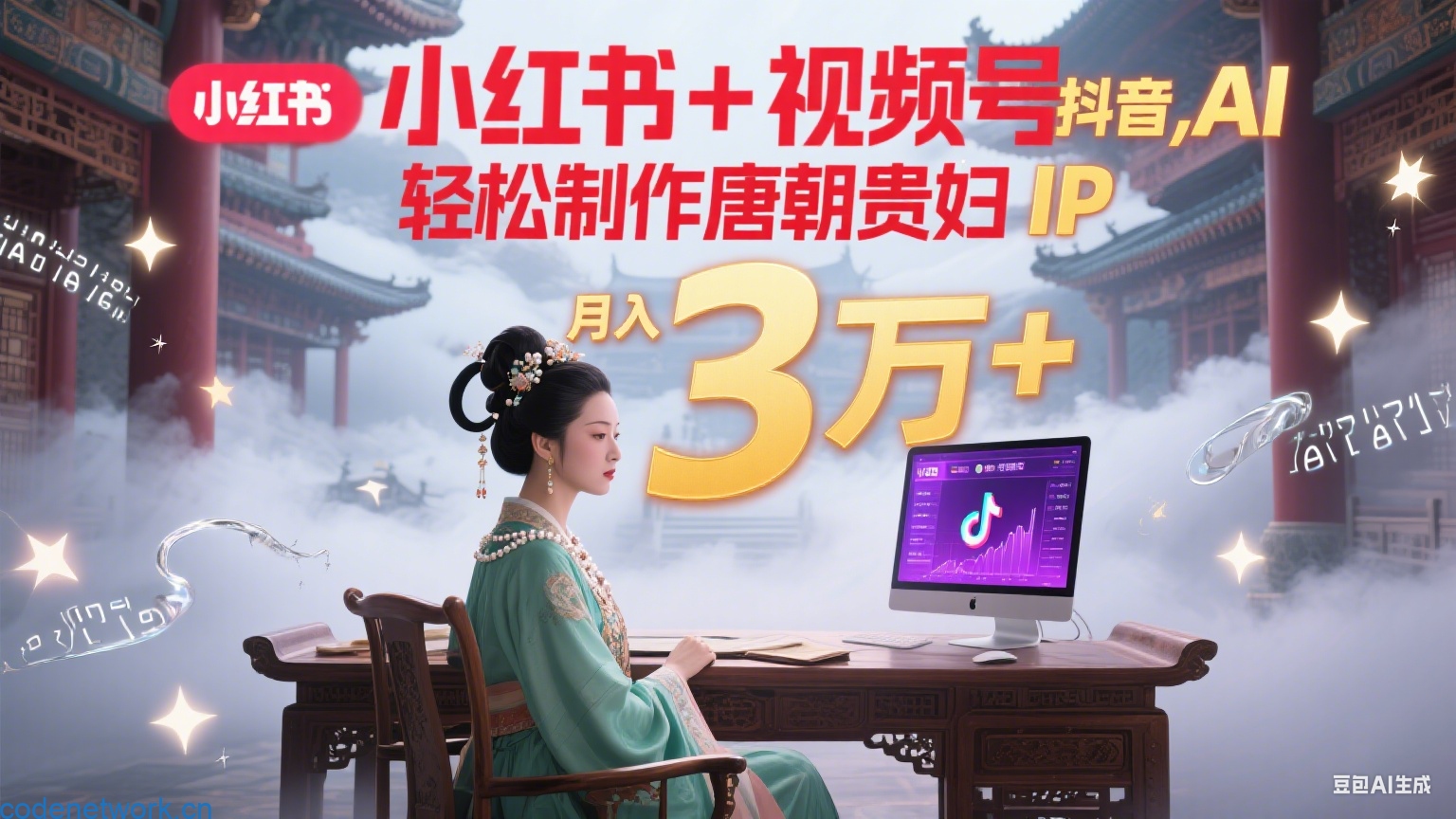 小红书+视频号+抖音，AI轻松制作唐朝贵妇IP，毒鸡汤、励志、减肥瘦身、养生赛道轻松切入，每天30分钟，轻松产出N条，月入3万+|思创源码网