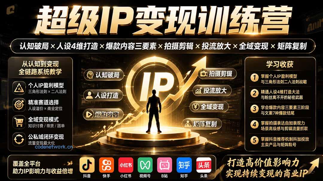 超级IP变现训练营：认知破局×人设4维打造×爆款内容三要素×拍摄剪辑×投流放大×全域变现×矩阵复制|思创源码网