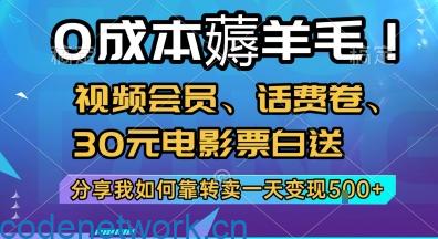 0成本薅羊毛!视频会员、话费卷、30元电影票白送，分享我如何靠转卖一天变现5张+【揭秘】|思创源码网