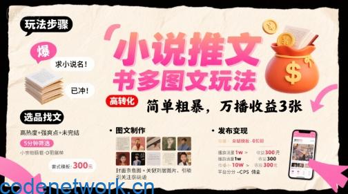 小说推文小红书多图文玩法，简单粗暴，万播收益3张|思创源码网