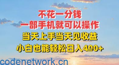 不花一分钱，一部手机就可以操作，当天上手当天见收益，小白也能轻松日入4张+|思创源码网