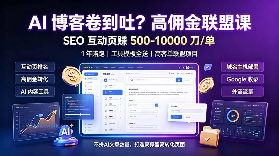 AI 博客卷到吐？高佣金联盟课：SEO 互动页赚 500-10000 刀 单，1 年陪跑 + 工具模板全送|思创源码网