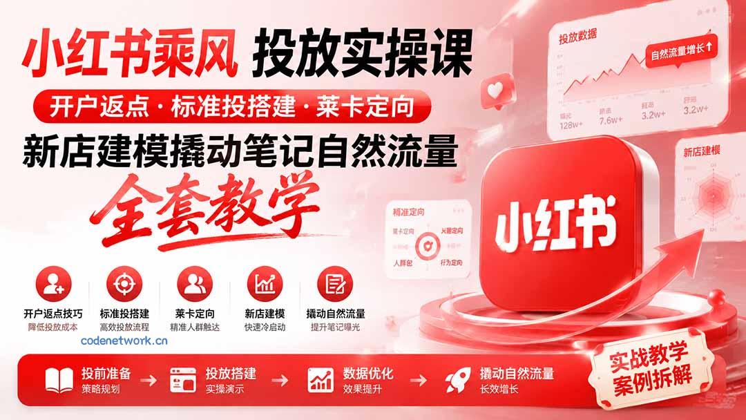 小红书乘风投放-100分钟实操课｜开户返点·标准投搭建·莱卡定向，新店建模撬动笔记自然流量全套教学|思创源码网