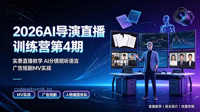 2026AI导演直播训练营第4期，实景直播教学AI分镜视听语言，广告短剧MV实战，解决人物画面崩坏痛点|思创源码网