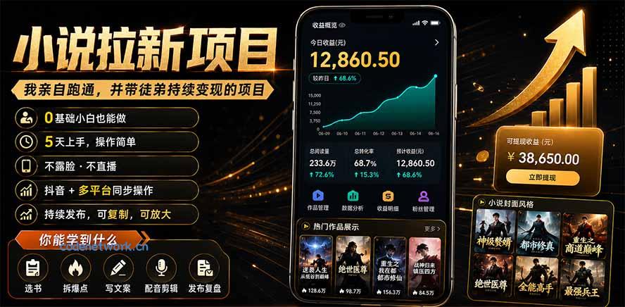 抖音及多平台小说拉新项目：我亲自跑通并持续带徒弟实操｜0基础小白5天上手快速变现|思创源码网