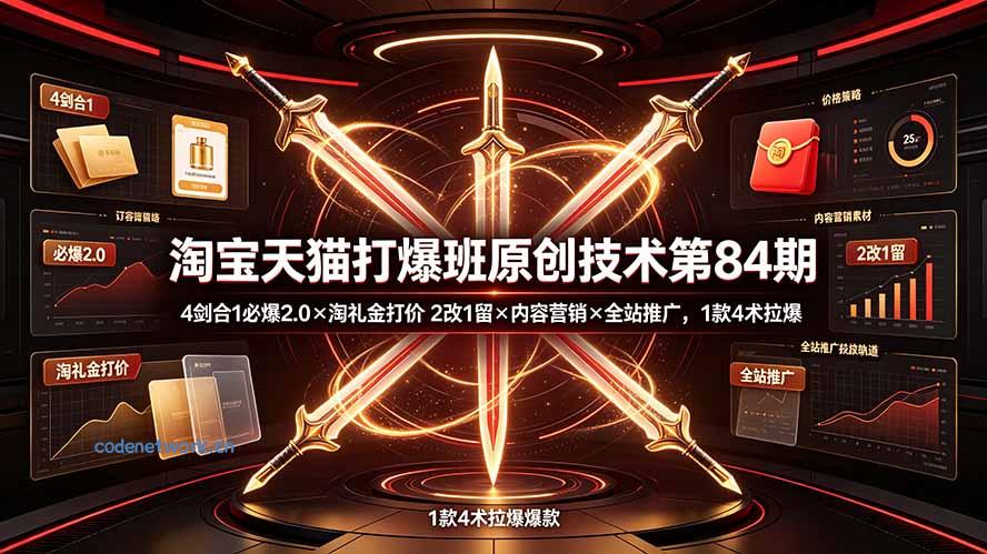 淘宝天猫打爆班原创技术第84期：4剑合1必爆2.0×淘礼金打价×2改1留×内容营销×全站推广，1款4术拉爆|思创源码网