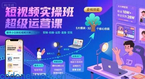 短视频实操班超级运营课，新手小白到短视频大神必修课程，剪辑-拍摄-运营-直播-变现|思创源码网