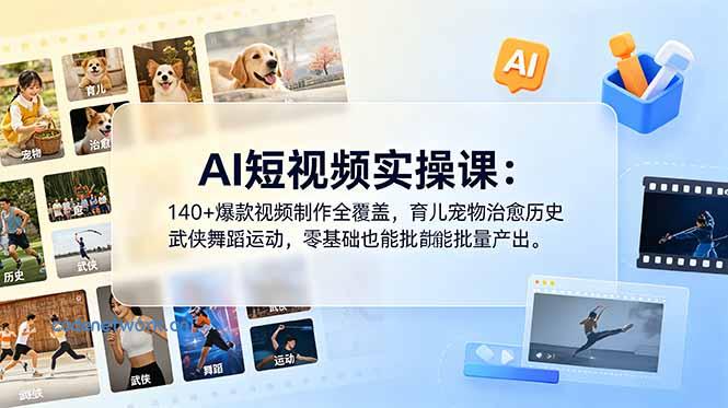 AI短视频实操课：140+爆款视频制作全覆盖，育儿宠物治愈历史武侠舞蹈运动，零基础也能批量产出|思创源码网
