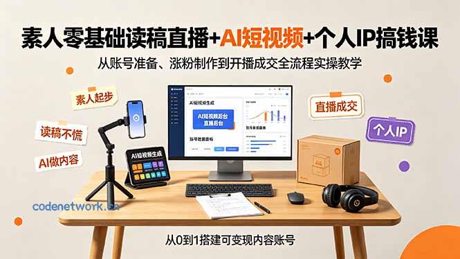 素人零基础读稿直播+AI短视频+个人IP搞钱课，从账号准备、涨粉制作到开播成交全流程实操教学|思创源码网